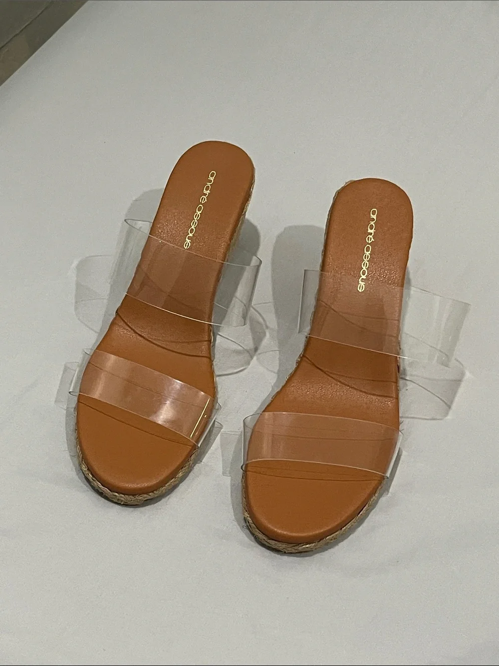 Andre Assous Clear Strap Tan Espadrille Wedge Sandals